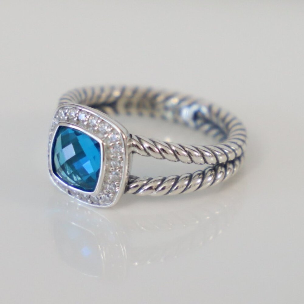 David Yurman Sterling Silver 7mm Albion Ring Blue Topaz with Diamonds size 7.5